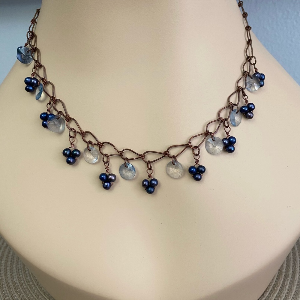 Handcrafted Swarovski Blue Pearls , Copper Chain Handcrafted